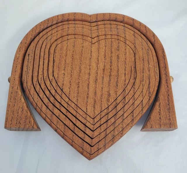 Vintage 1980s Wooden Collapsible Heart Basket Spiral Table Trivet