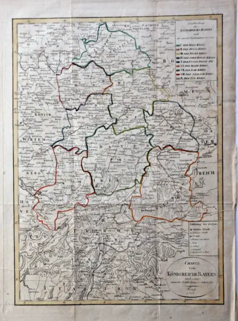 Landkarte Königreich Bayern 1813 Kupferstich, handkoloriert