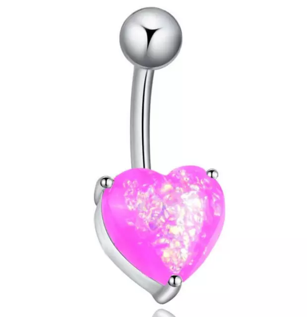 Womens Love Heart Surgical Steel Opal Glitter Belly Bar Sexy Navel Button Ring