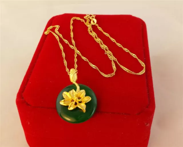 NEW Lady's Jade Pendant 22K 24K Thai Baht Yellow Gold Gp Filled Necklace Jewelry