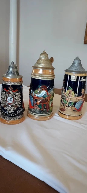 German Beer Steins Vintage Lidded. COLLECTION OF THREE. AUTHENTIC. RARE