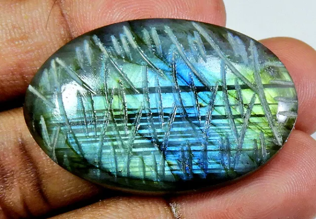 75Cts. Natural Labradorite Carving Oval Cabochon Loose Gemstone 27X41X08MM v045