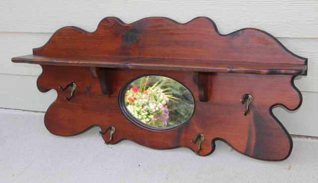 Vintage Wall Mount Solid Pine Coat Rack Brass Hooks, Top Shelf & Oval Mirror OLD