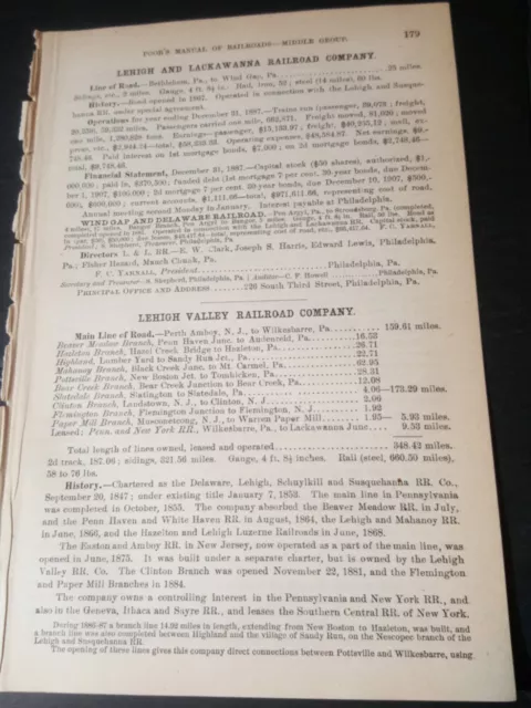 1888 train report LEHIGH VALLEY RAILROAD Beaver Meadow Bear Creek SlaTedale PA