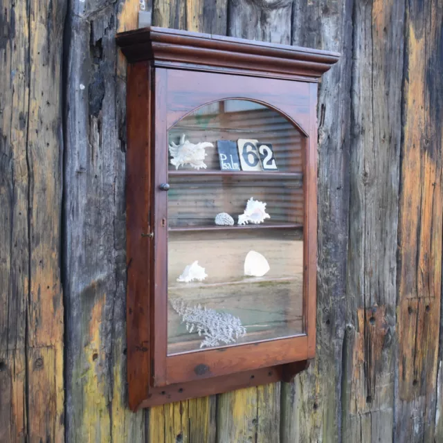 Antique Stained Pine Shallow Glazed Wall Display Bathroom Kitchen Cabinet