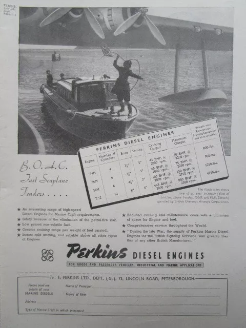 7/1946 Pub Perkins Diesel Engines Boac Seaplane Tenders Hydravion Original Ad