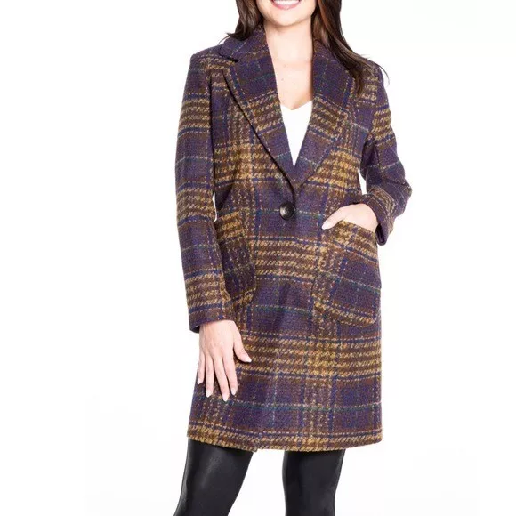 NWT  Women $200 Kensie Women's Long Plaid Coat with Patch Pockets Wool Blend M