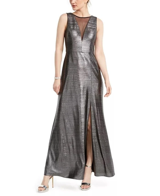 Nightway Women's Metallic Illusion Mesh Gown Gray Size 6