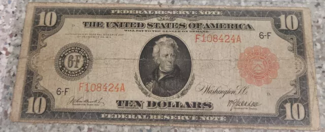 1914 RED SEAL U.S. LARGE SIZE $10 DOLLARS FEDERAL RESERVE Fr-897A 897A FINE F 6F