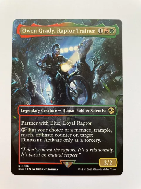 1x BORDERLESS OWEN GRADY, RAPTOR TRAINER Jurassic Park - MTG Magic the Gathering