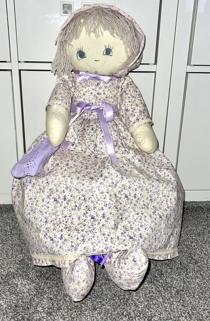 Vintage holly hobbie Cloth Rag Doll Handmade Folk Blond Hair Purple Floral 28”