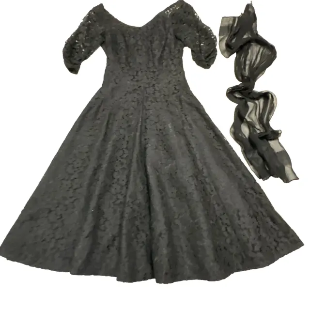 Vintage 1940s 1950s Black Lace Party Dress XS w/ Sheer Scarf