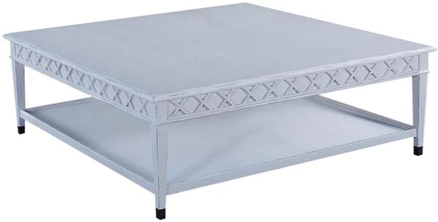 Cocktail Table Anna Antiqued White Solid Wood Square X-Shape Motif Brass Caps