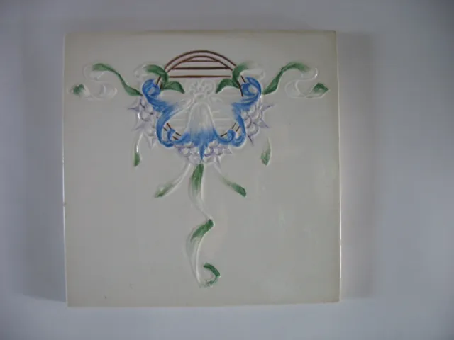 Alfred Meakin Antique Majolica Art Nouveau tile 6 x 6 #407 Floral ribbon England