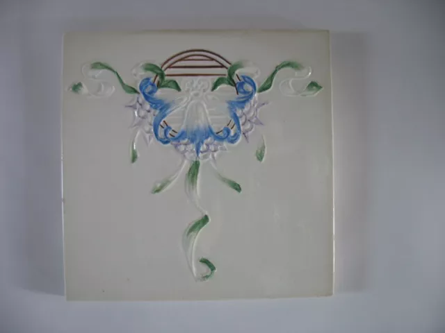Alfred Meakin Antique Majolica Art Nouveau tile 6 x 6 #407 Floral ribbon England