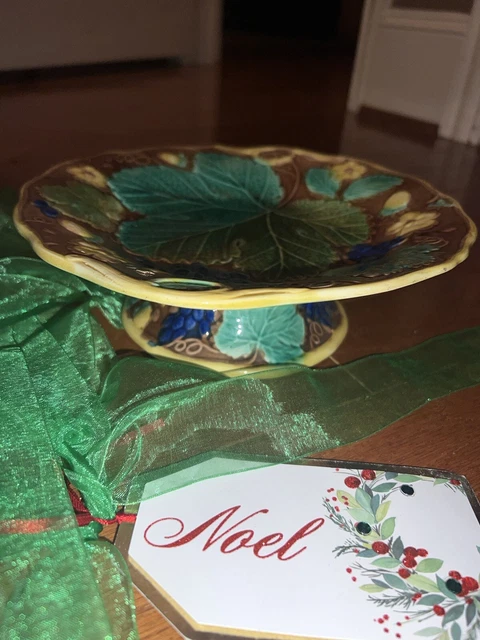 Antique Majolica Footed Bowl Compote w/ Grape Leaves & Grapes Authentic Ex Cond
