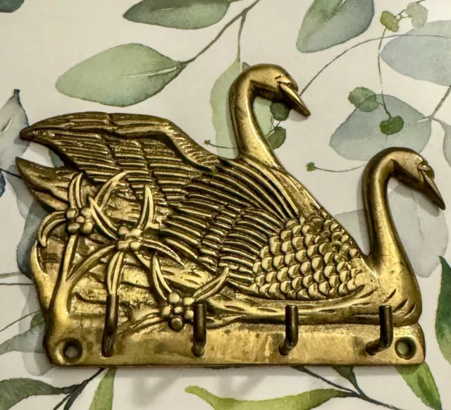 Vintage Solid Brass Four-Hook Swan Wall Hanging Key Holder