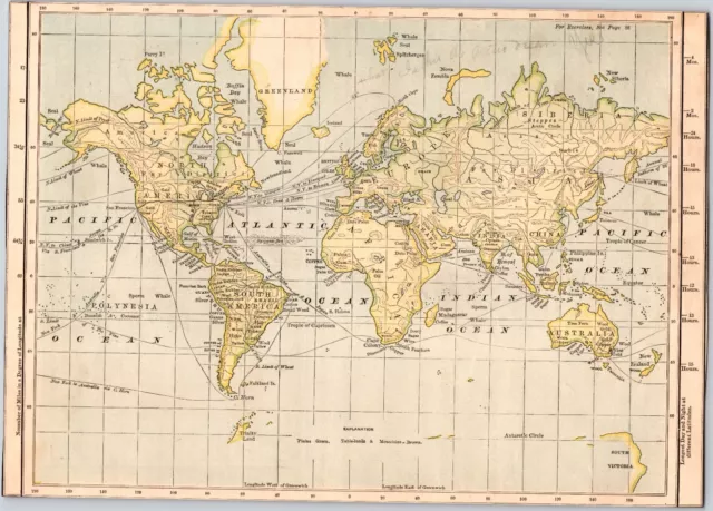 1872 Antique World Map Approximately 8”x10..25” Hand-Colored Geography
