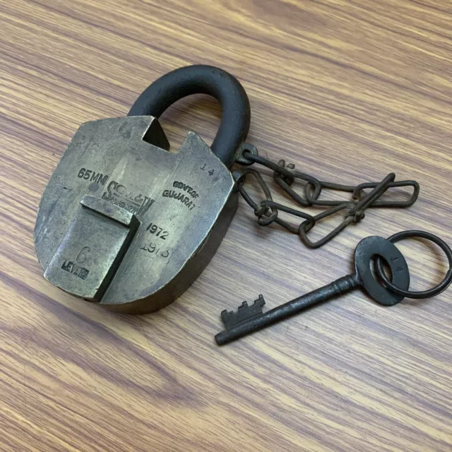 Brass Padlock Or Lock With Key & Chain, Old Or Antique, Unusual Shape