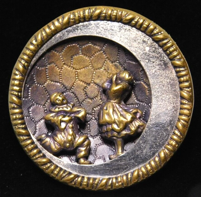 Large Antique Vtg Brass OPERA BUTTON Pierrot & Pirouette NICE #J2