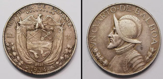 Panama 1934 1/4 Balboa VF * SCARCE High Grade LOW 90,000 Mintage KEY Silver Coin