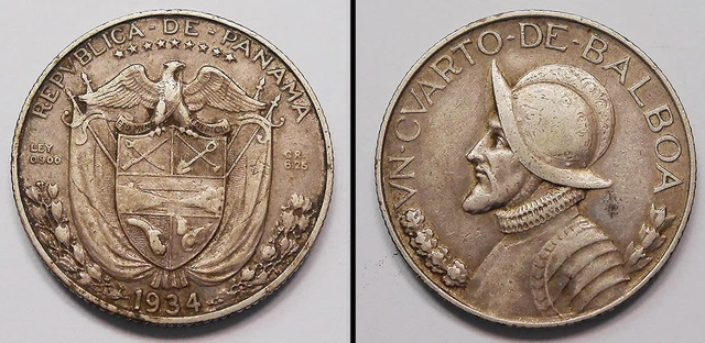 Panama 1934 1/4 Balboa VF * SCARCE High Grade LOW 90,000 Mintage KEY Silver Coin