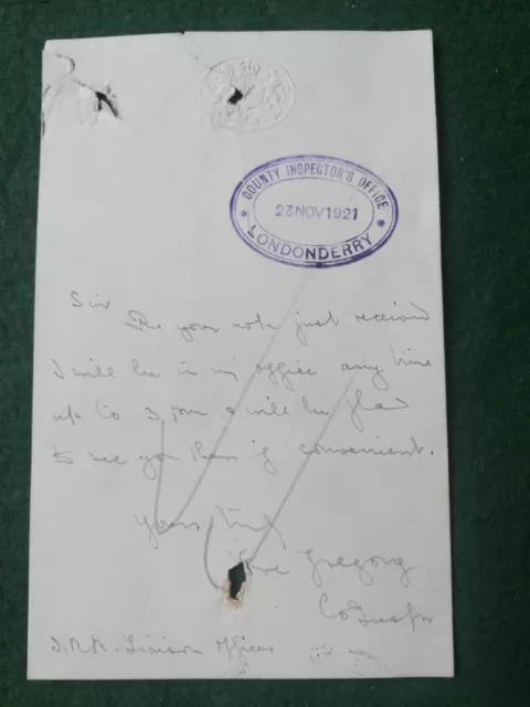 Letter From Co Inspector R.I.C To I.R.A Liason Officer Irish War Of Independence