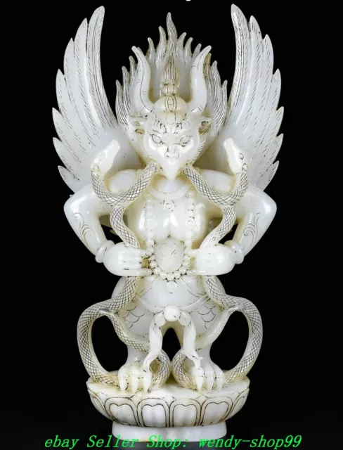 Old Natural Hetian Jade Nephrite Redpoll Winged Garuda Bird Eagle Buddha Statue