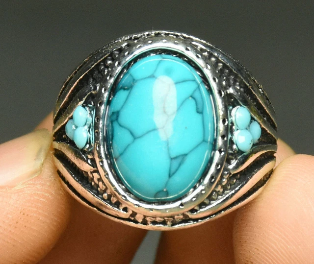 2.5CM Old Silver Lnlay Bule Turquoise Beast Pattern Jewelry Ornament Ring