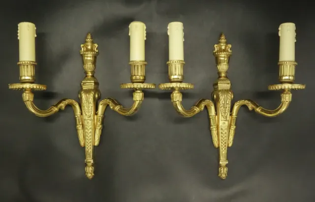 Pair Of Sconces Torch Urn Decor Louis Xvi Style - Bronze - French Antique