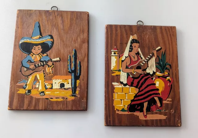 Vintage Mid-Century Set of 2 Oil Painted On Wood Mexican El Mariachi Plaques 5x7