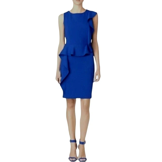 Size 12 CALVIN KLEIN ROYAL BLUE ASYMMETRICAL RUFFLE SHEATH DRESS Summer Party