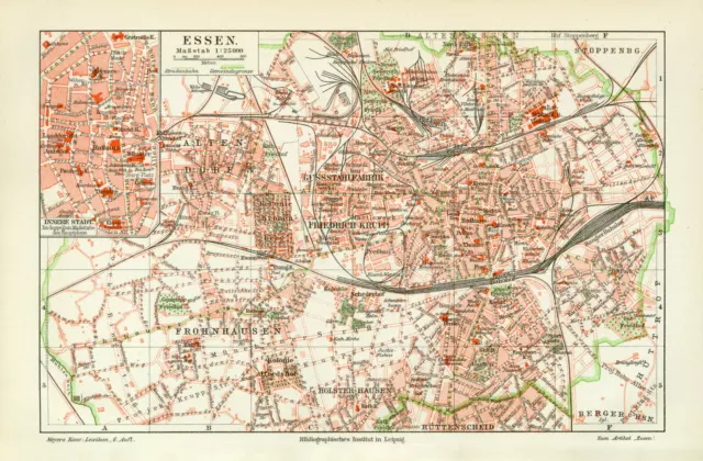 Essen historischer Stadtplan Karte Lithographie ca. 1904 antike Stadtkarte