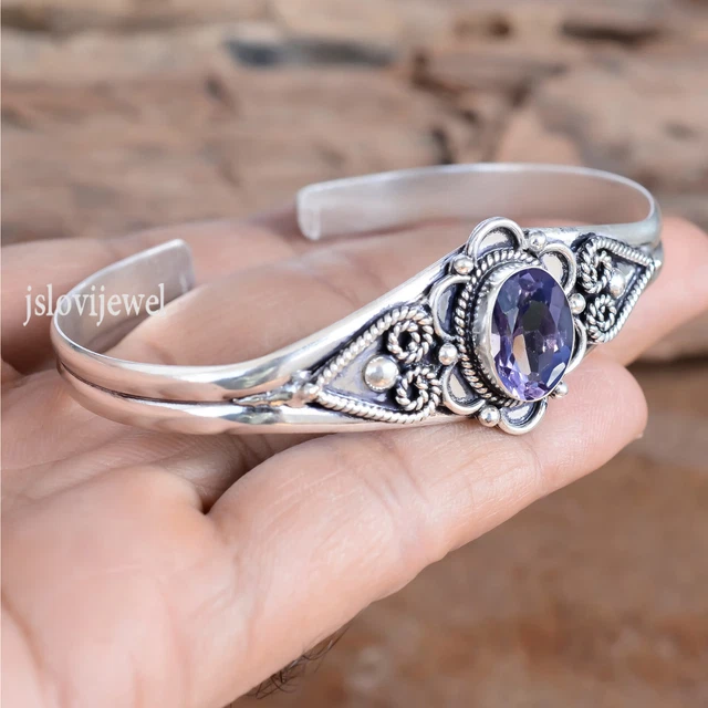 Bracelet Manchette En Argent 925 Fait Main Avec Opale Triplet - Réglable 7-8 Pouces