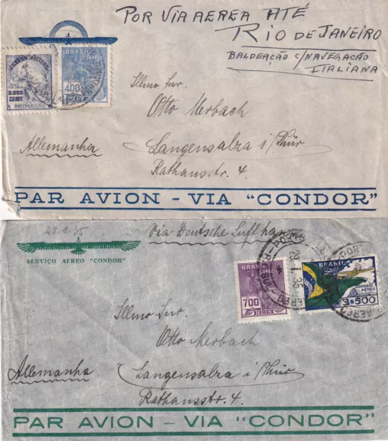 1. Luftpost 2x Brasilien Langensalza via Condor 1935 + 1939 Flugpost Fliegerei