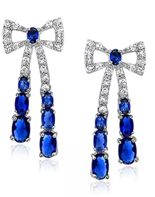 Art Deco Style Royal Blue Sapphire & White CZ Ribbon Bow Dangle Drop Earrings