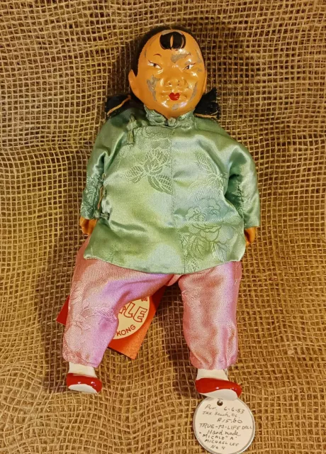 Handmade Hong Kong folk doll ~ composition/silk/straw ~ 10" ~ 1930s/40s