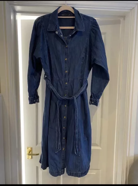 Marks And Spencer Blue Denim Long Sleeve Shirt Dress Size 14