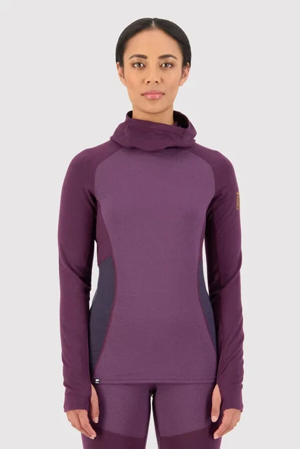 Mons Royale Womens Merino Baselayer Small Olympus Hood Ski Snowboard Purple