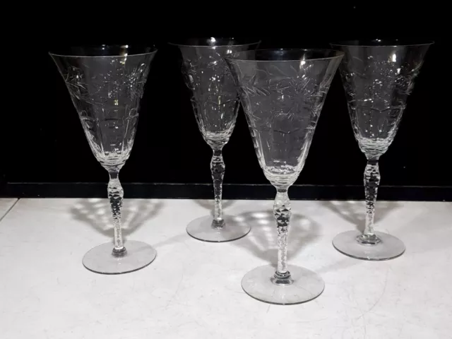 SET OF 4 - Early Seneca Crystal 190-22  Wheel Cut Etched 8 1/4" WATER Goblets