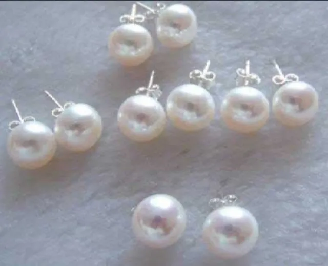 Wholesale 5 Pairs Natural 7-8MM White Akoya Cultured Pearl Silver Stud Earrings