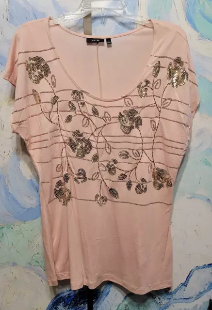 Womens APT. 9 Short Sleeve Top T Shirt Pink Gold Sequin Floral Flowers Sz Large