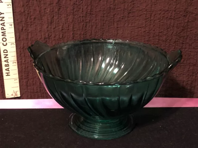 Vintage 1930s Ultramarine Teal Swirl Pattern Footed  Bowl by Jeanette Glass