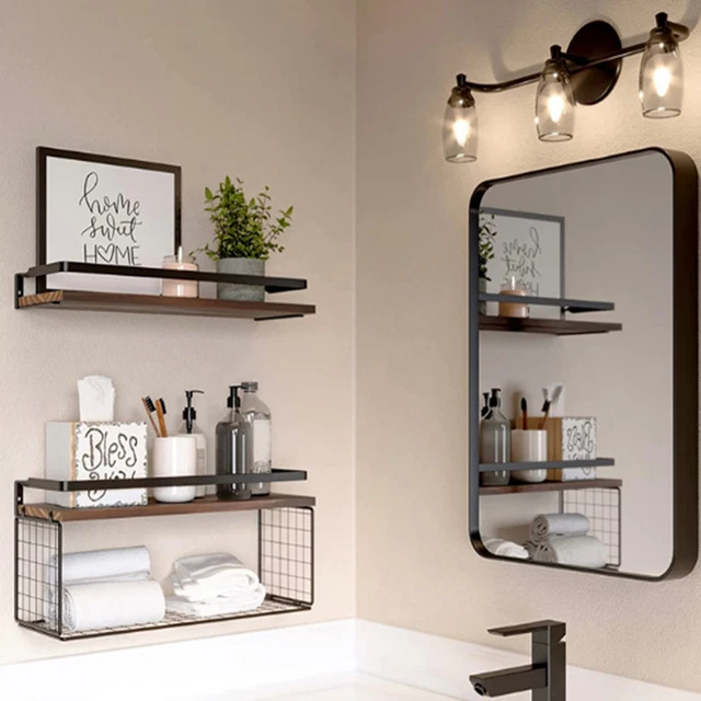 2 Set Wall Mounted Storage Shelves Bathroom Metal Wire Rustic Floating Shelf HOT