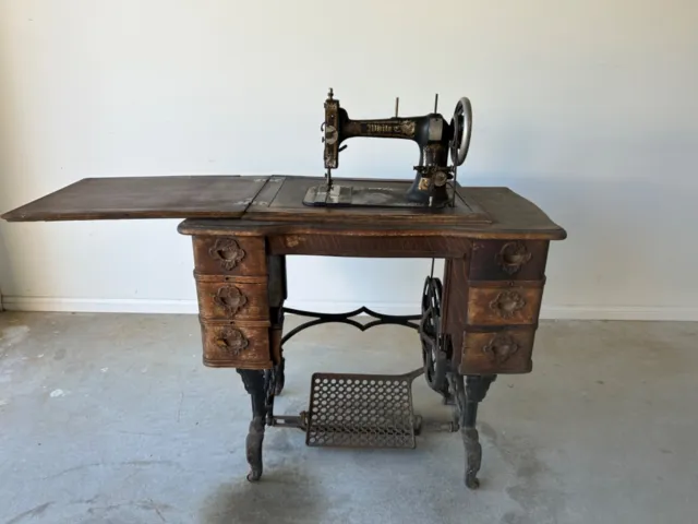 vintage antique White treadle sewing machine with timber and cast iron base 2