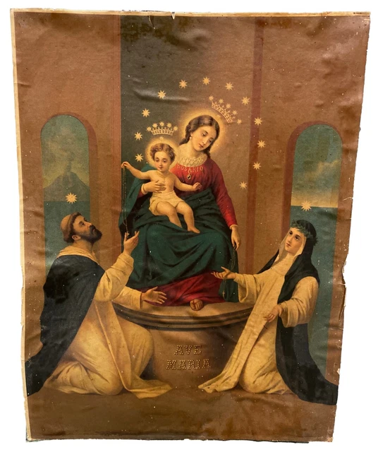 Antigua cromolitografía de la Virgen del Rosario. 63x47. S. XIX. Rareza.