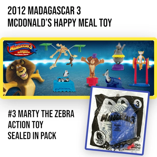 2012 MCDONALDS MADAGASCAR 3 Marty the Zebra 3 Animal Figure Toy Happy