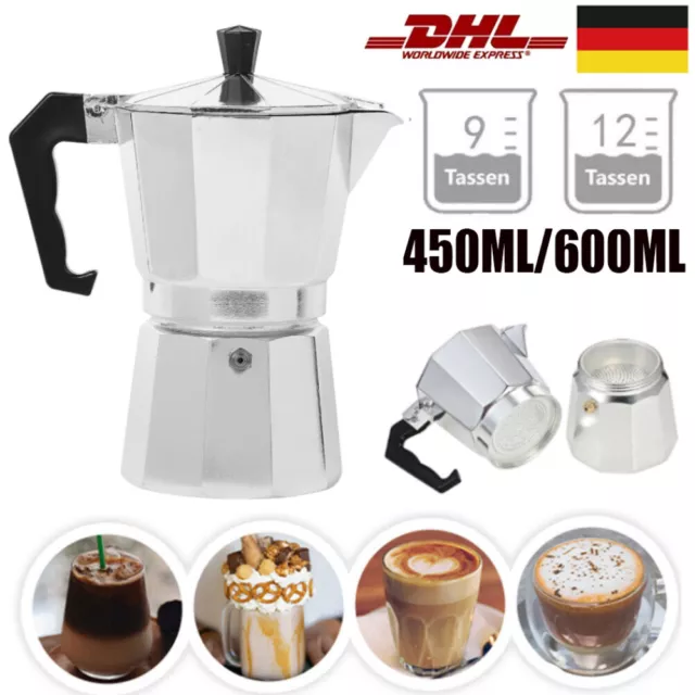Espressokocher Espressokanne Edelstahl Mokka Maker 9/12 Tassen Kaffeebereiter DE 3