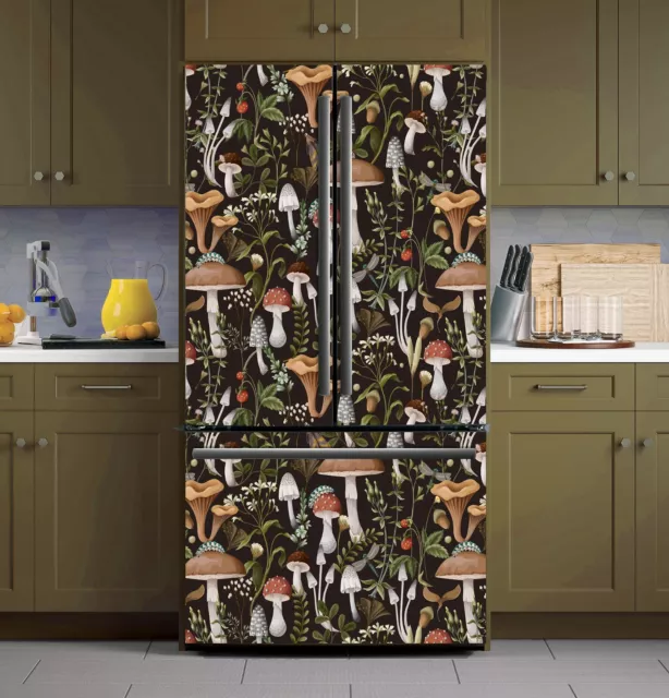 Mushroom & Berries Fridge Wrap, Dark Botanical Refrigerator Decal, Autumn Bugs