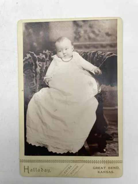 Adorable Baby in Christening Gown On Chair Cabinet Card Great Bend KS